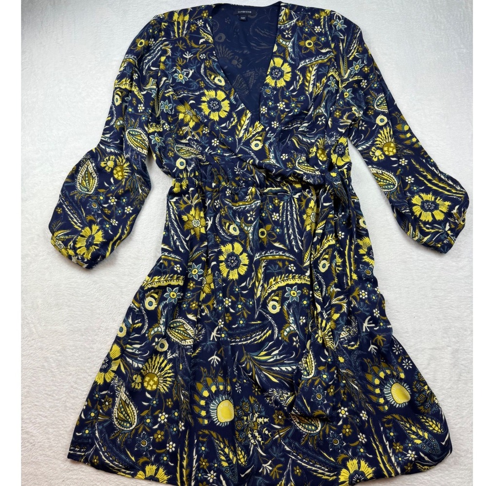 Lands' End Womens 22W‎ Faux Wrap Dress Navy Yellow Floral Paisley Long Sleeve